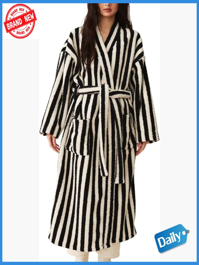 Striped Fluffy Robe Long Plush Bathrobe Fuzzy Warm Cozy Loungewear Maxi